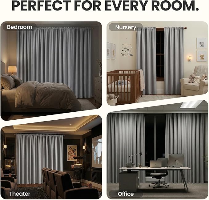 ECLIPSE Kendall Modern Blackout Thermal Rod Pocket Window Curtain for Bedroom or Living Room (1 Panel), 42" x 95", Grey