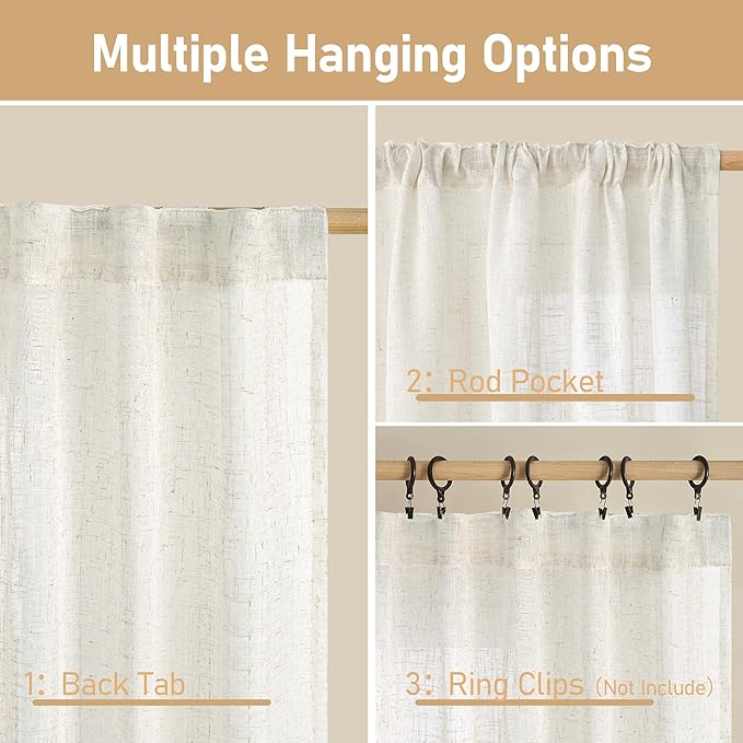 LAMIT Cream Linen Curtains 63 Inch for Bedroom, Ivory Light Filtering Neutral Semi Sheer Window Boho Curtains Back Tab and Rod Pocket Panels for Living Room, 2 Panels, 34 x 63 Inch