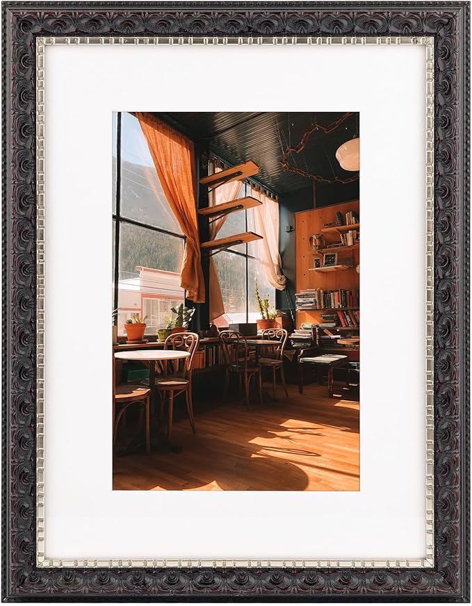 Golden State Art, 12X16 Ornate Finish Photo Frame with White Mat for 8X12 Picture & Real Glass, Color: Black with Silver & Burgundy
