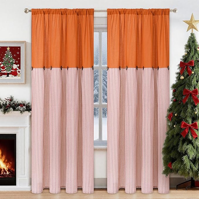 ASPMIZ Farmhouse Living Room Curtains Boho, Country Linen Curtains with Rustic Buttons, Rod Pocket & Back Tab Orange Striped Curtain for Bedroom Window Curtain Home Decor, 52 x 63 Inch, 2 Panels