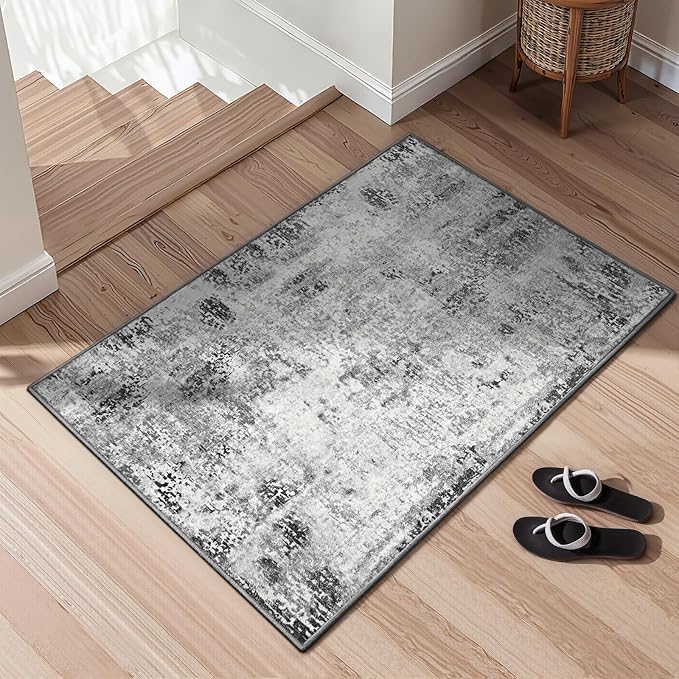 Entrance Rugs Indoor 2x4 Grey Entry Rug Washable Abstract Black Small Area Rug Non-Slip Low Pile Throw Rugs for Entryway, Kitchen Floor, Front Door Indoor Door Mat, Bathroom, Bedroom Bedside