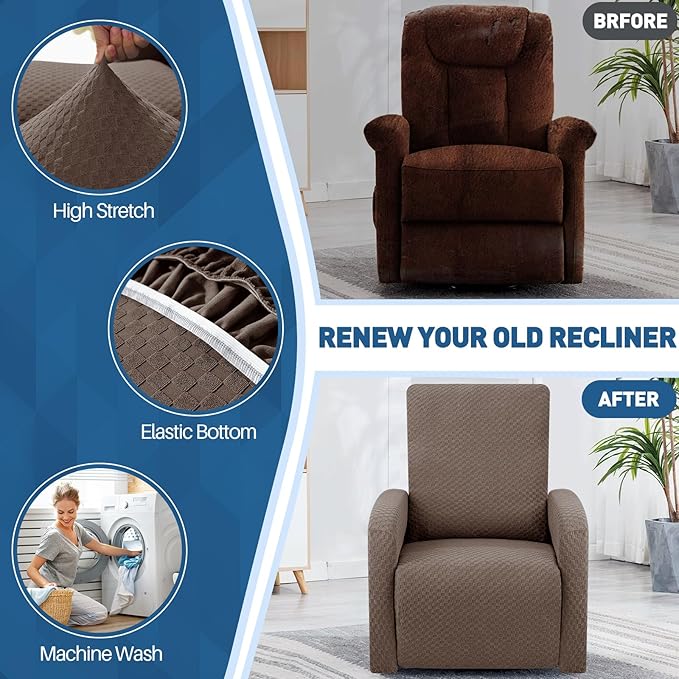 YEMYHOM 3 Pieces Stretch Recliner Slipcover Latest Jacquard Small Recliner Chair Cover with Side Pocket Anti-Slip Fitted Furniture Protector with Elastic Bottom (X-Small Recliner, Light Coffee)