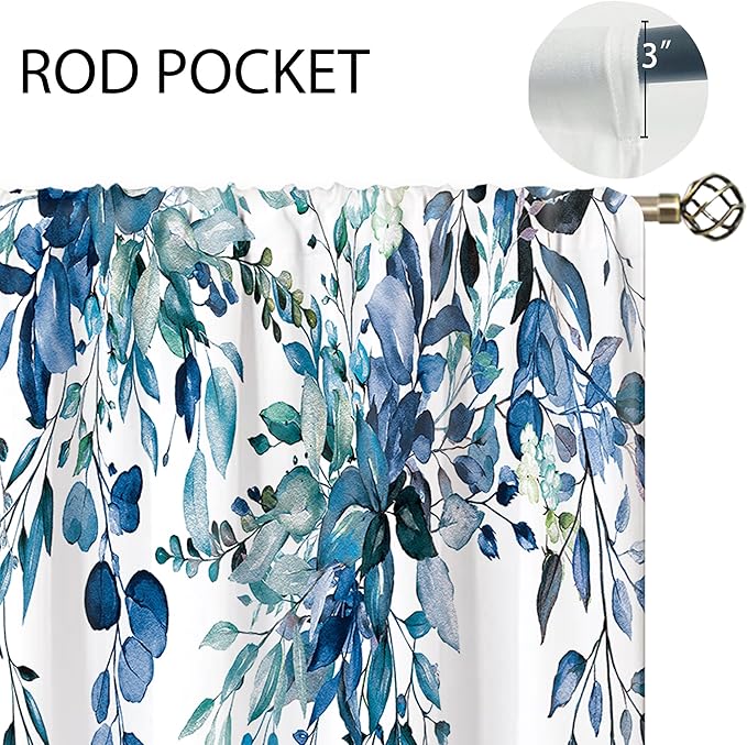 Teal Eucalyptus Botanical Leaves Floral Window Curtains Blue Watercolor Turquoise Flower Plant Wildflower Farmhouse Curtain Drapes Herb Curtains for Bedroom Living Room Treatment 29Wx63H Inch
