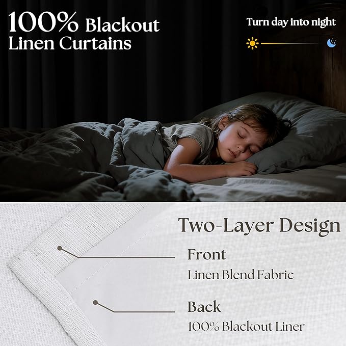 Soft White 100 Inch Floor Length Linen Blackout Curtains for Bedroom Pinch Pleated Black Out Thermal Insulated Window Drapes Light Blocking Double Layer Soundproof 100 Inch White Curtain 2 Panels