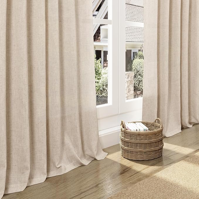 Nanspring Grey Flax Curtains 63 Inch Length for Living Room Linen Blend Light Filtering Mordern Boho Sheer Curtains Back Tab and Rod Pocket Privacy Curtain for Bedroom Office 52x63,2 Panels