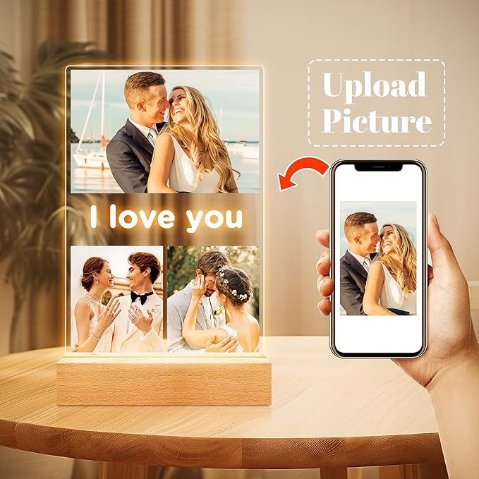 Custom Picture Frames with Photo, Personalized Photo Frame with Night Light, Customized Gifts for Girlfriend Boyfriend, Personalized Anniversary Birthday Gifts for Women Men Her Him Couple