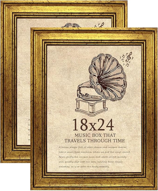 18x24 Picture Frame with Real Glass set of 2, Vintage Frames - Antique Style Frames for Wall - Ornate Frame for Rustic Gold Office or Home Decor Display Family Friends Wedding Gift