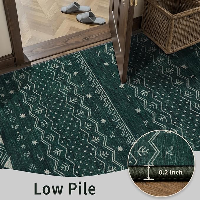 SERISSA 9x12 Area Rugs for Living Room, Washable Non-Slip Dark Green Boho Rug, Soft Low-Pile Geometric Indoor Large Carpet for Dining Room Bedroom Home Office Playroom
