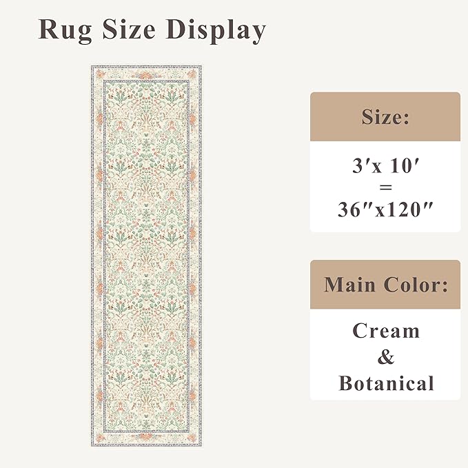 Botanical Hallway Runner Rug 3x10 Ft – Non-Slip Washable Long Kitchen Runner, Low-Pile Thin Vintage Florals Floor Rug for Indoor Entryway, Bedroom, Living Room (Cream)