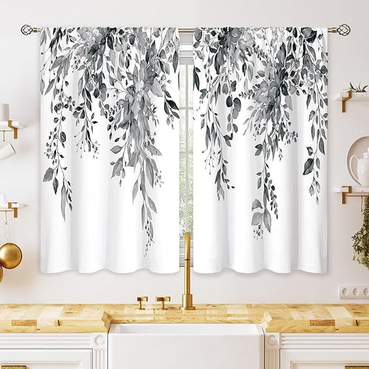 Eucalyptus Botanical Leaves Grey Floral Kitchen Window Curtains Over Sink Farmhouse Flower Leaf Small Window Treatment Cafe Short Curtains for Bathroom Treatment Tier Drapes 26x24 inch