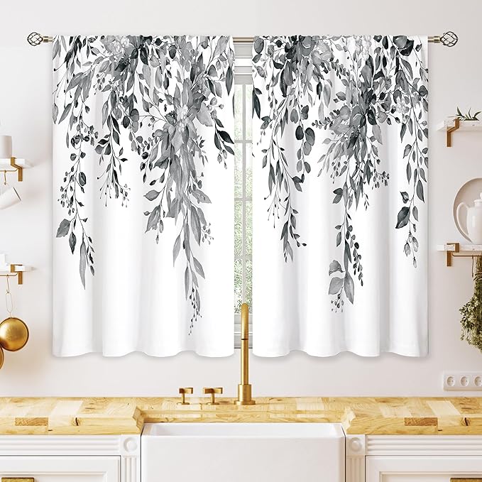 Eucalyptus Botanical Leaves Grey Floral Kitchen Window Curtains Over Sink Farmhouse Flower Leaf Small Window Treatment Cafe Short Curtains for Bathroom Treatment Tier Drapes 26x36 inch