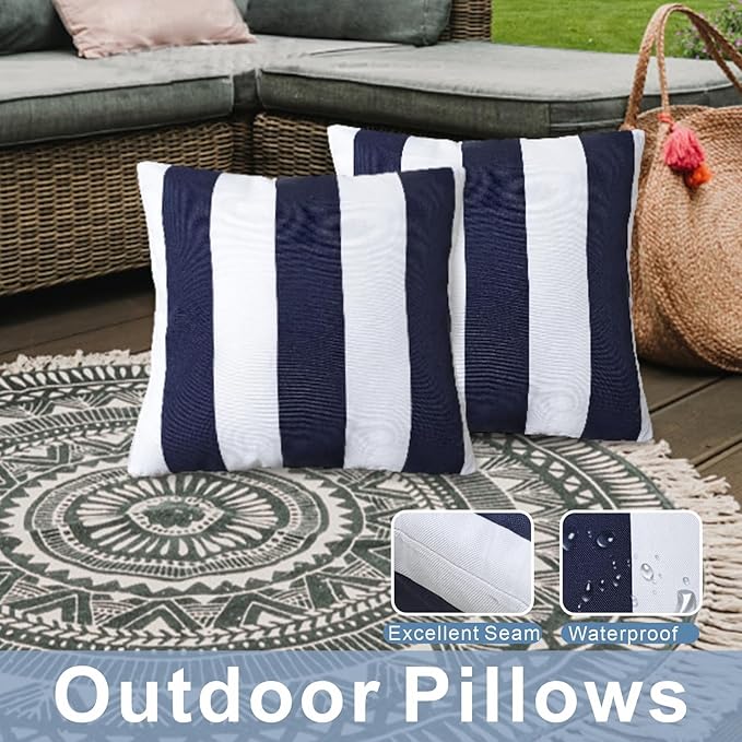 JMGBird Pack of 2 Decorative Pillows with Inserts - 18x18 Water-Resistant Navy Blue with White Stripe Outdoor Throw Pillows for Patio Furniture, Couch, Bed
