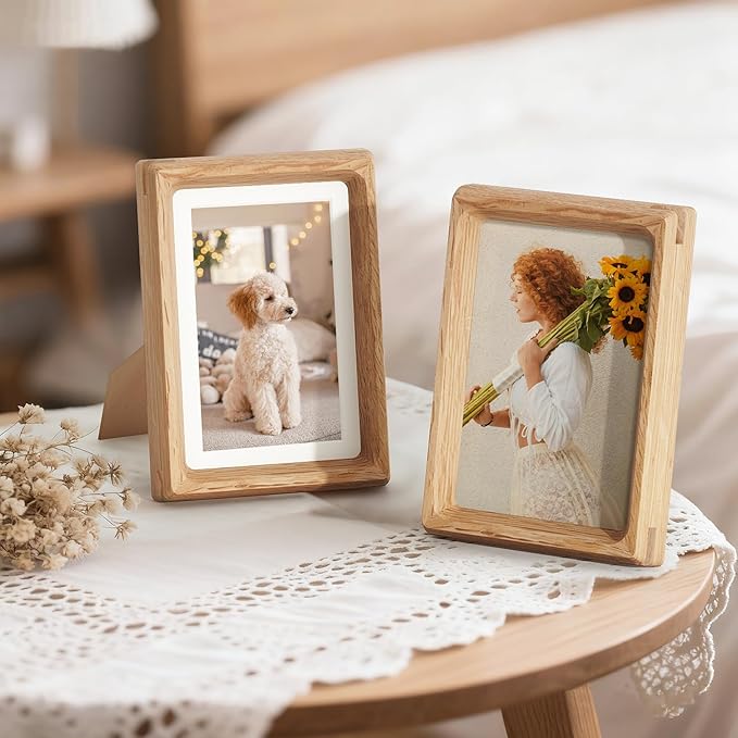 Fun Memories 4x6 Picture Frame, USA-Sourced Oak Wood Photo Frames with HD Tempered Glass, Handcrafted Rounded Corner 4 x 6 Wooden Frame Matted to 3.5x5 Photos, 4x6 Frames, Tabletop or Wall Display