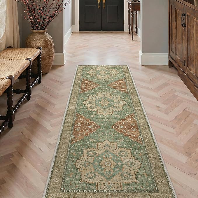 GENIMO Runner Rug 2'6"x6 Machine Washable Non Slip Vintage Hallway Runner Rug, Low Pile Lightweight Rugs for Indoor Entryway, Hallway, Kitchen and Corridor, Reddish Brick & Light Green