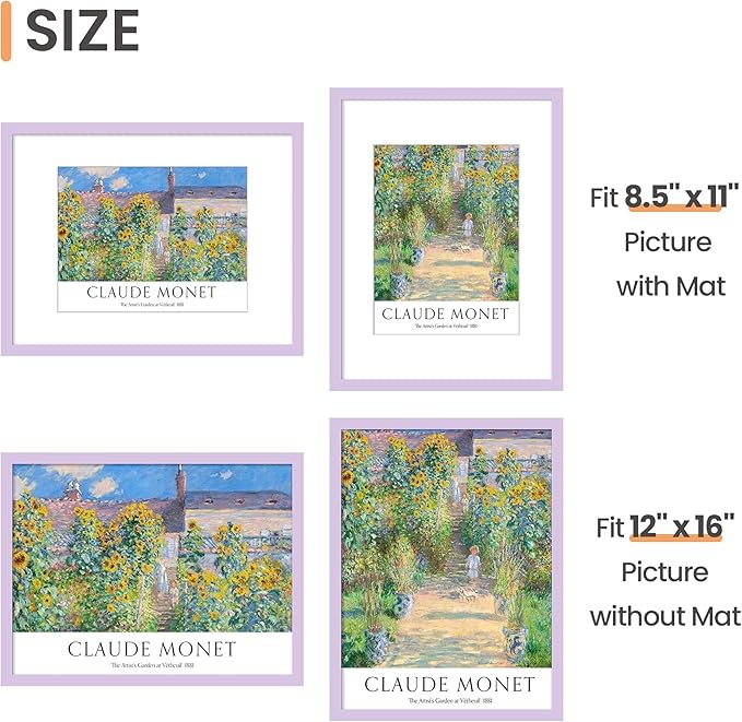 upsimples 12x16 Picture Frame, Display Pictures 8.5x11 with Mat or 12 x 16 Without, Wall Hanging Poster Frames, Purple, 1 Pack