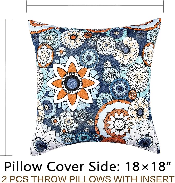 JMGBird Outdoor Pillows Set of 2 with Inserts - 18x18 Waterproof Throw Pillows for Patio Furniture, Navy Blue Sunflower Decorative Cushions