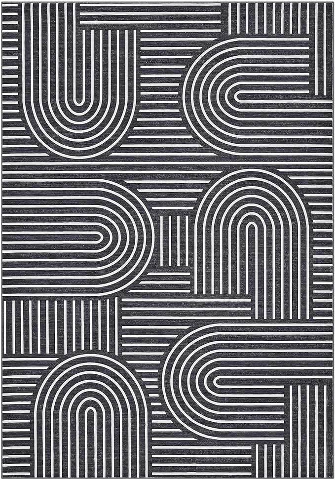 ROYHOME Washable Rug 9x12 Area Rugs for Living Room, Abstract Rug for Bedroom, Soft Rainbow Non Slip Throw Rugs with Rubber Back, Low Pile Stain Resistant Boho Geometric Carpet for Dining Room, Black