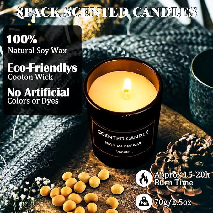 Scented Candles Gifts for Women Men, 8 Pack 3 Oz Scented Candles for Home, Natural Soy Wax Strong Fragrance Long Lasting Aromatherapy Candles for Women Men, Birthday Gifts