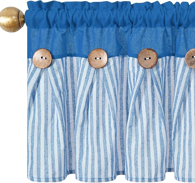 ASPMIZ Farmhouse Cotton Linen Valances for Windows, Boho Kitchen Curtains Valances with Rustic Button, Lake Blue Striped Window Treatments Curtain Valance for Bathroom Cafe, 52 x 18 Inch, 1 Pannel