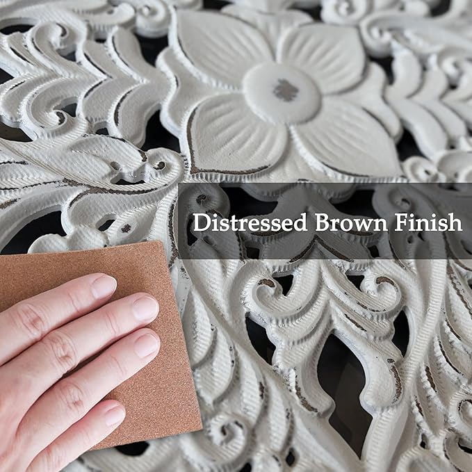 XIAOAIKA Boho Carved Wood Wall Sculpture, Intricate Floral Mandala Design with Distressed White Finish, Vintage Farmhouse Wall Art Panel with Solid Wood Frame for Bedroom Entryway (22" x 22")