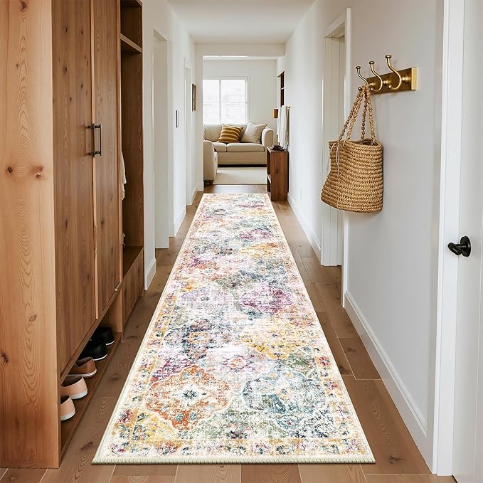 Ileading Washable Hallway Runner Rugs, 2x10 Non Slip Runners Area Rug for Entryway Kitchen Bathroom Bedroom Laundry Living Room, Long Narrow Low-Pile Floor Carpet Boho Vintage Throw Mat for Kids Room