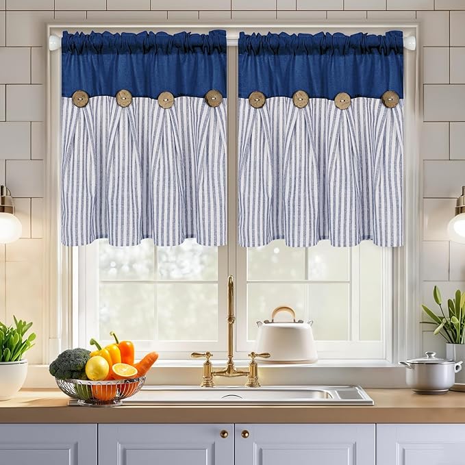 ASPMIZ Cotton Linen Kitchen Curtains 36 Inch Length, Farmhouse Rod Pocket Short Curtains for Window, Blue Striped Small Window Curtain Boho Rustic Button Window Treatment Tiers for Bathroom, Cafe