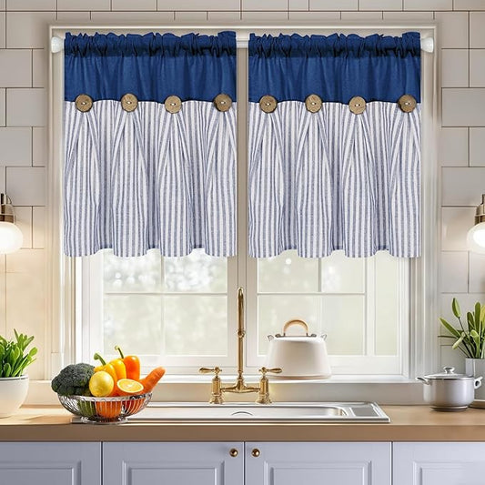 ASPMIZ Cotton Linen Kitchen Curtains 36 Inch Length, Farmhouse Rod Pocket Short Curtains for Window, Blue Striped Small Window Curtain Boho Rustic Button Window Treatment Tiers for Bathroom, Cafe