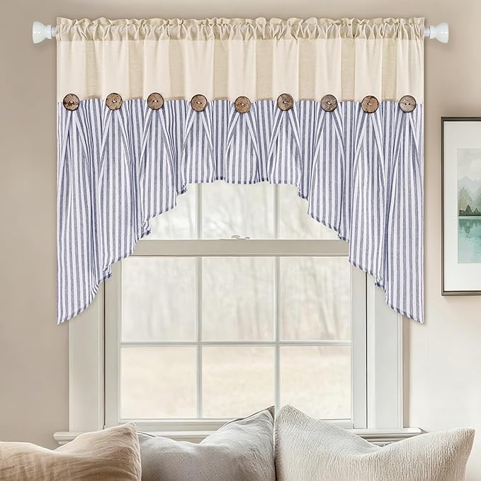 ASPMIZ Farmhouse Cotton Linen Swag Valances for Windows, Boho Kitchen Curtains Valances with Rustic Buttons, Blue Striped Window Treatments Curtain Valance for Bathroom Cafe, 61 x 36 Inch, 1 Panel