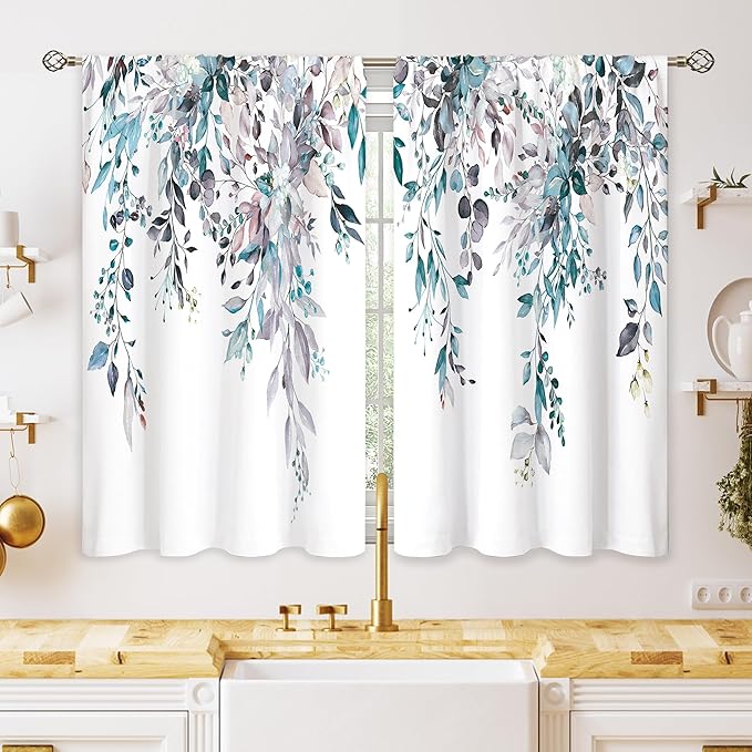 Blue Grey Eucalyptus Botanical Leaves Floral Kitchen Window Curtains Over Sink Farmhouse Flower Leaf Small Window Treatment Cafe Short Curtains for Bathroom Treatment Tier Drapes 26x36 inch