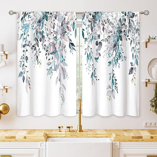 Blue Grey Eucalyptus Botanical Leaves Floral Kitchen Window Curtains Over Sink Farmhouse Flower Leaf Small Window Treatment Cafe Short Curtains for Bathroom Treatment Tier Drapes 26x24 inch