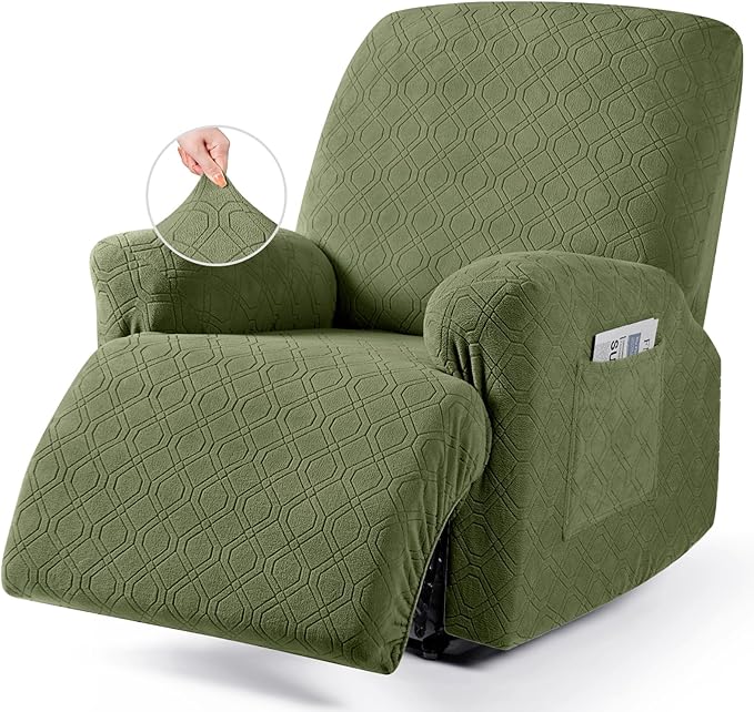 VANSOFY Oversized Recliner Chair Cover, 4-Pieces Stretch Recliner Covers for Recliner Chair Soft Reclining Chair Slipcover Jacquard Pattern Furniture Protector for Dogs Cats(Army Green)