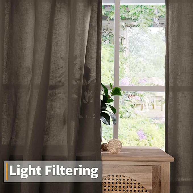 YoungsTex Brown Linen Semi Sheer Curtains 72 Inch Length for Living Room, Chocolate Light Filtering Drapes Privacy with Grommet for Dining Room Bedroom, 2 Panels, 52 X 72 Inch