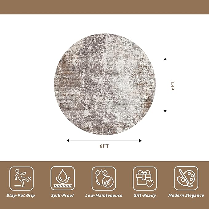 6ft Washable Kitchen Round Rug: Non-Slip Modern Circle Area Rug for Living Room,Dining Room,Under Table – Abstract Neutral Low Pile Soft Circular Carpet (Brown Beige,6x6)