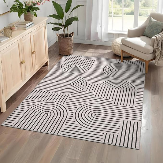 Washable Rug 3x5 Area Rugs for Living Room, Abstract Rug for Bedroom, Soft Rainbow Non Slip Throw Rugs with Rubber Back, Low Pile Stain Resistant Boho Geometric Carpet for Dining Room, LightCamel