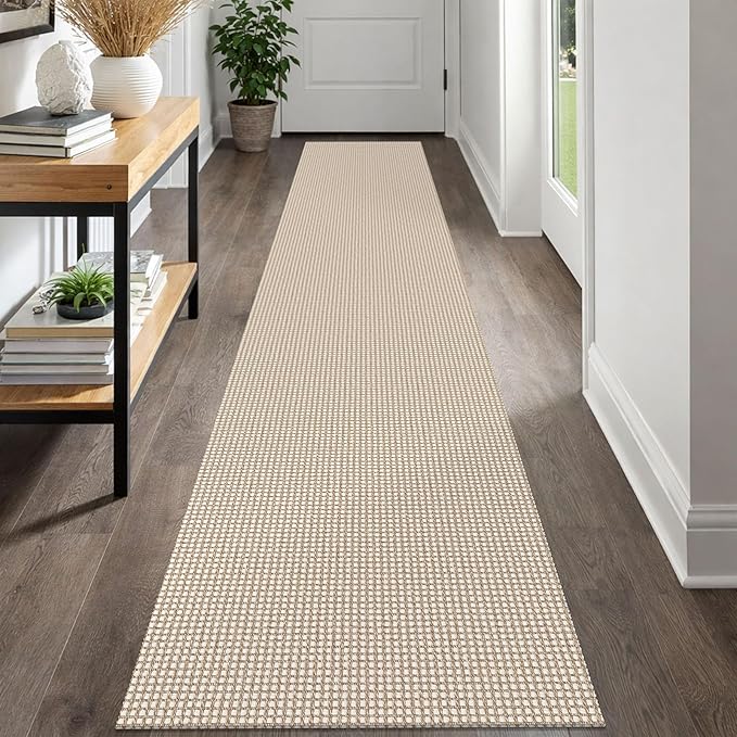 IOHOUZE Washable Runner Rug 2x12 Non Slip Rubber Backed Extra Long Hallway Runner Entryway Runner Indoor, Kitchen Rugs Woven Cotton Floor Carpet for Hall Entrance, Beige/Khaki