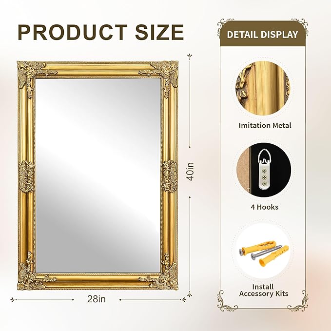 Vintage Gold Mirror for Wall, 28"x40" Antique Decorative Ornate Baroque Mirror for Living Room, Entryway, Bathroom, Fireplace