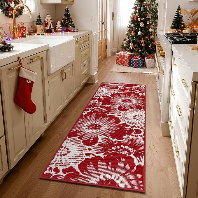 Findosom Christmas Runner Rug 2x6, Non Slip High-Low Textured Floral Washable Runner Rug with Rubber Backing, Boho Carpet Runners for Hallway, Kitchen, Entryway, Bedroom, Laundry & Holiday Decor, Red