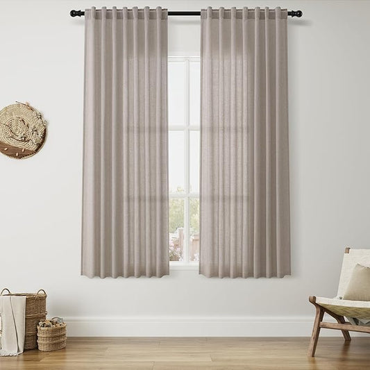 Nanspring Stone Beige Curtains 63 Inch Length for Living Room Linen Luxury Light Filtering Semi Sheer Curtain Back Tab Simple Modern Elegant Farmhouse Decor Drapes for Bedroom Office 52x63, 2 Panels