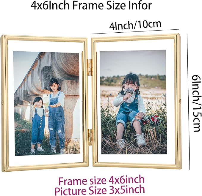 Gold 4x6 Double Floating Frame for Photo Sizes(2x3'',3.5x5''),Classy Metal Rounded Edge Frame Adjustable Tabletop/Shelf Photo Frame,for Wedding,Christmas,Birthady,Home or Office Decor.