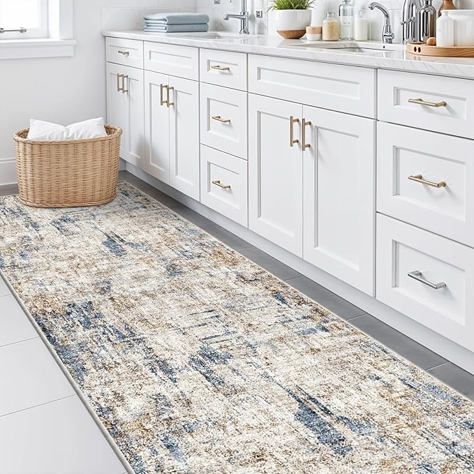 3x10 Ft Long Hallway Runner Rug - Non-Slip Washable Kitchen Runner Rug with Rubber Backing | Modern Abstract Wide Floor Carpet Runner for Indoor Entryway, Bedroom, Living Room （Blue Brown）