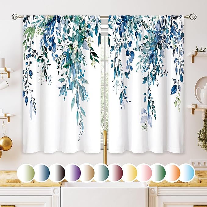 Teal Eucalyptus Botanical Leaves Floral Small Kitchen Curtains Blue Flower Window Treatment Wildflower Plant Cafe Short Window Curtains for Bathroom Room Tier Treatment Drapes 26x36 inch