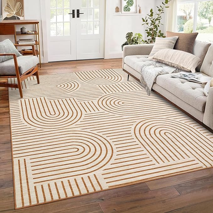 ROYHOME Washable Rug 6x9 Area Rugs for Living Room, Abstract Rug for Bedroom, Soft Rainbow Non Slip Throw Rugs with Rubber, Low Pile Stain Resistant Boho Geometric Carpet for Dining Room, Orange