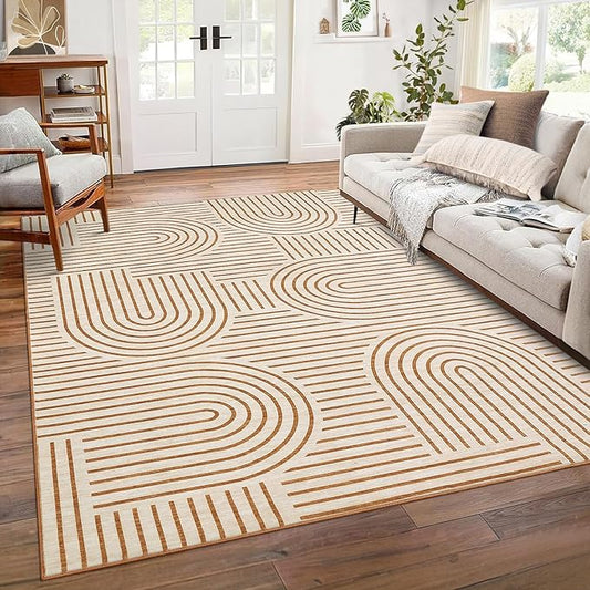 ROYHOME Washable Rug 6x9 Area Rugs for Living Room, Abstract Rug for Bedroom, Soft Rainbow Non Slip Throw Rugs with Rubber, Low Pile Stain Resistant Boho Geometric Carpet for Dining Room, Orange