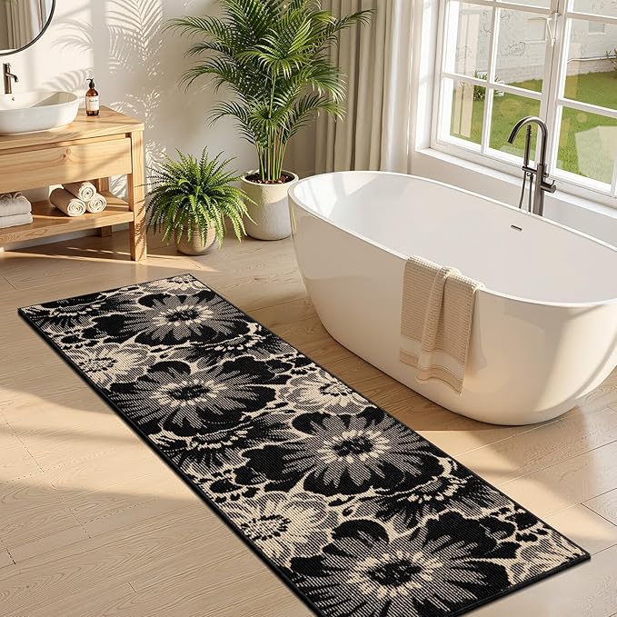 Findosom Hallway Runner Rug 2x8, Non Slip High-Low Textured Floral Washable Runner Rug with Rubber Backing, Boho Carpet Runner for Kitchen, Entryway, Bedroom, Laundry, Black & Beige