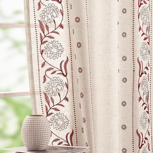 jinchan Winslow Linen Curtains for Bedroom 108 Inches Length Embroidered Bordered Floral Curtains for Living Room Farmhouse Decor Light Filtering Window Treatments Red on Beige Drapes 2 Panels