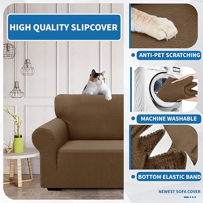 XINEAGE New Extra Large Couch Cover for 3 Cushion Couch (91"-110") 1 Piece Stretch Oversized Sofa Slipcovers Jacquard 4 Seater Furniture Protector Elastic Bottom for Kids,Pet (XL Sofa, Brown)