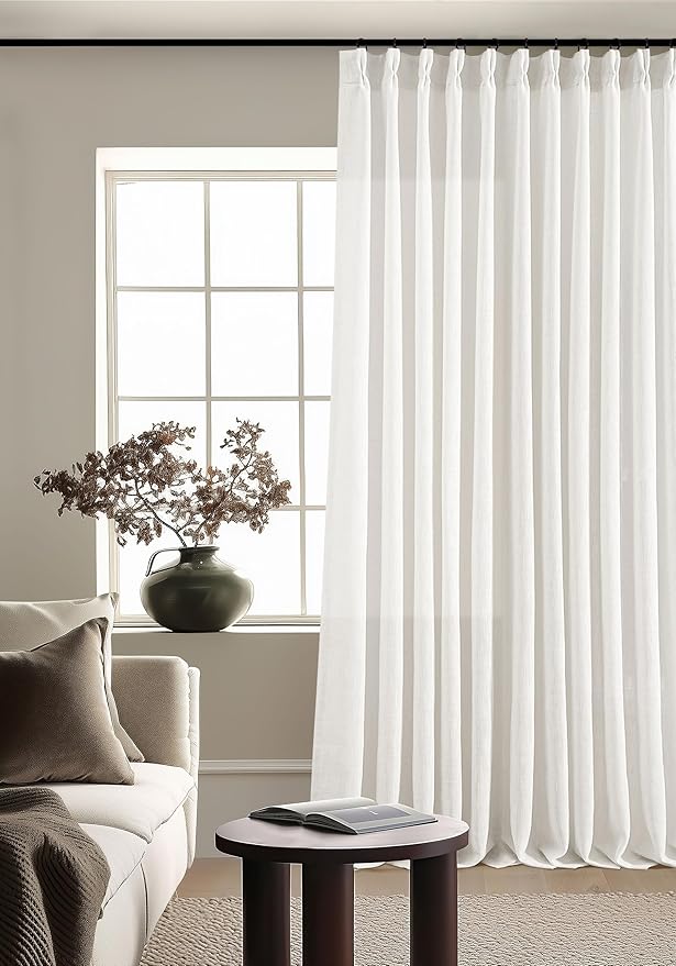 TWODRAPES Extra Wide Linen Curtains 102 Inches Long 70 Inch Wide for Living Room Bedroom Light Filtering Beige Off White Pinch Pleated Curtains Hooks Rings Back Tab for Sliding Door 1 Panel 70Wx102L