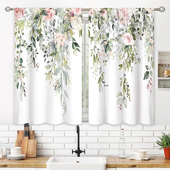 Pink Rose Eucalyptus Botanical Leaves Floral Kitchen Window Curtains Farmhouse Flower Leaf Small Window Treatment Sage Green Cafe Short Curtains for Bathroom Treatment Tier Drapes 26x30 inch