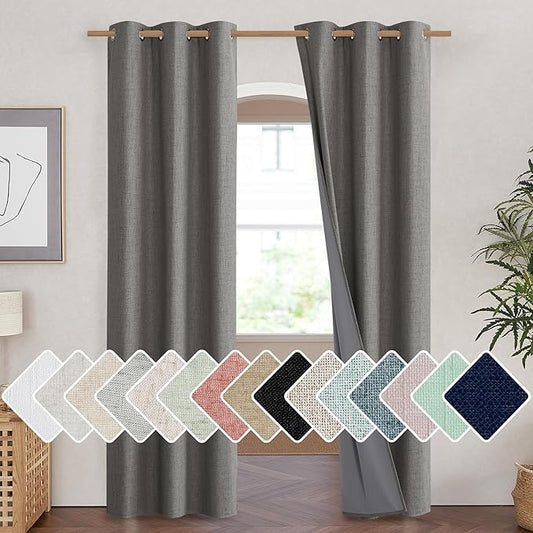 NICETOWN Grizzle Gray Vintage Linen 100% Blackout Curtains for Living Room, Thermal Insulated Curtains 90" Long, Noise Reducing Window Treatment Drapes for Hall Room, 42" Wide Per Panel, Set of 2