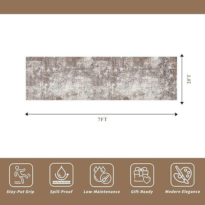 2x7 Washable Kitchen Runner Rug – Non-Slip Soft Carpet for Bathroom Hallway Hall Bedroom – Modern Abstract Neutral Low-Pile Thin Indoor Area Rug with Rubber Backing (Brown Beige,2x7)